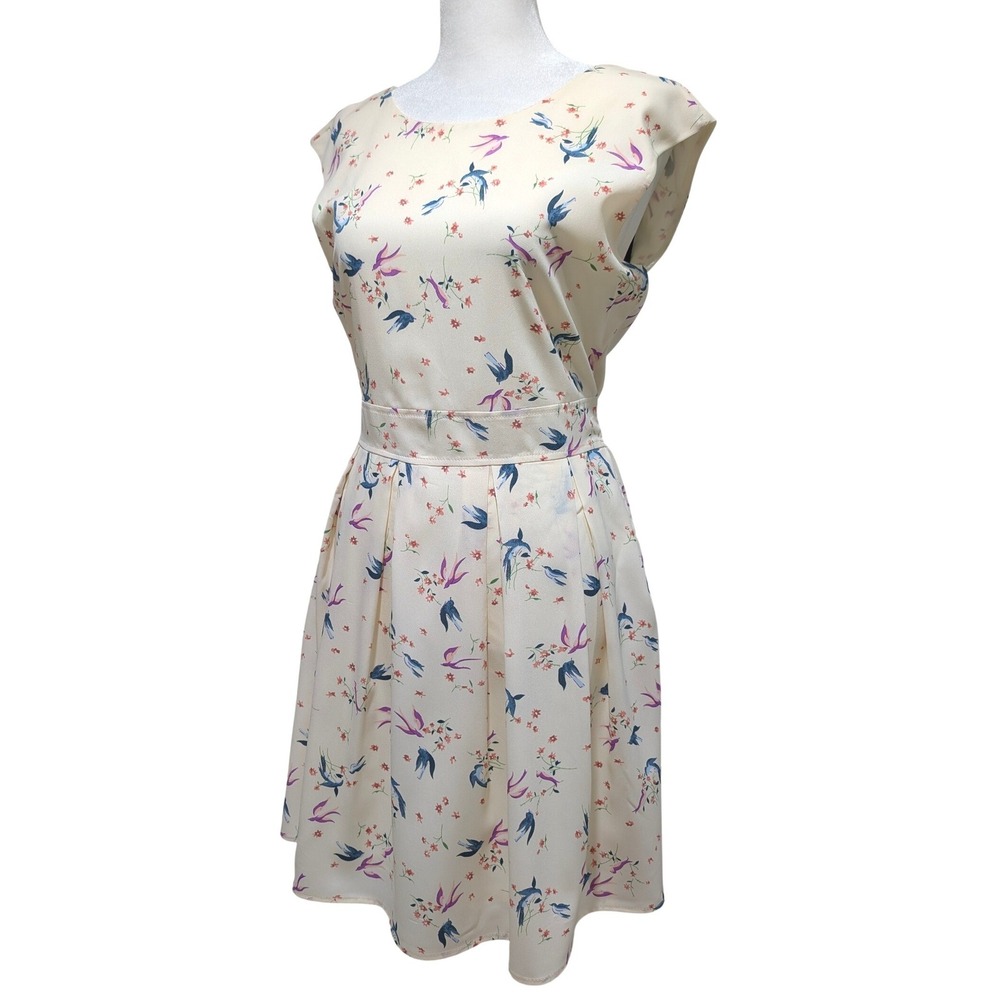 SM Wardrobe Cream Bird Floral Print Sleeveless Fit Flare Dress M/L NEW